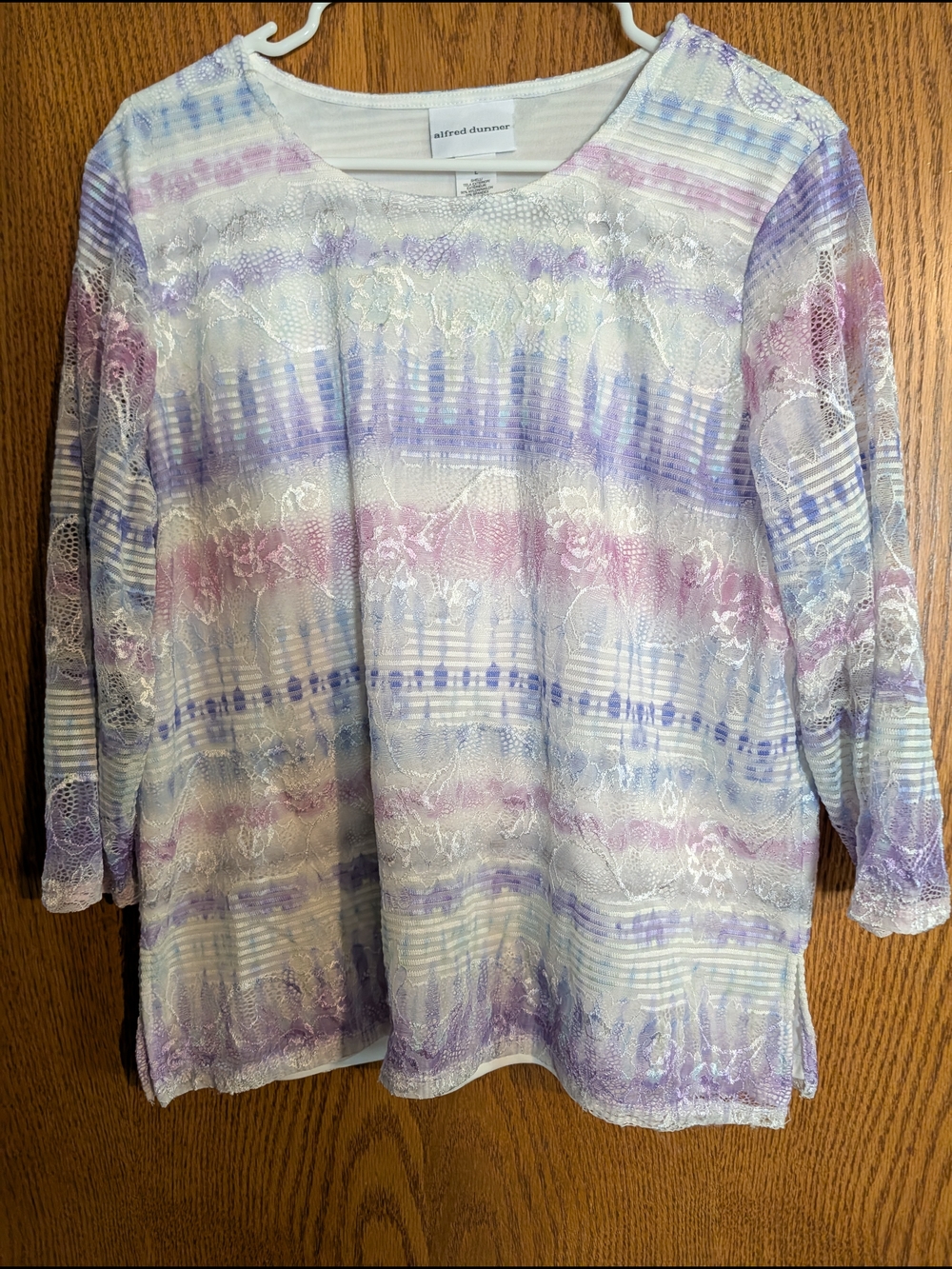 Alfred Dunner Pastel Lace-Overlay Long Sleeve Top in White, Lavender, Pink